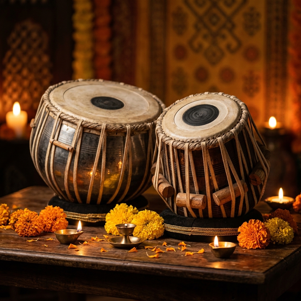 Indian classical tabla with marigolds